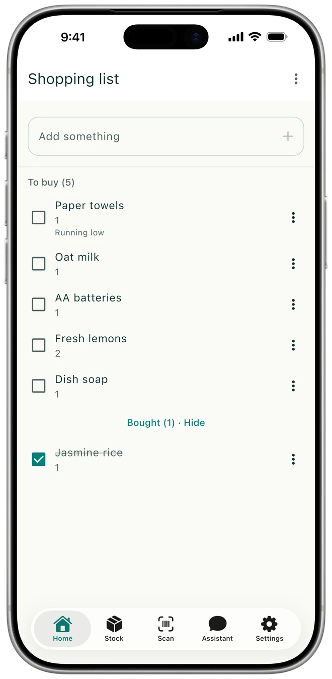 Tori shopping list with paper towels, oat milk, batteries, lemons, and dish soap.