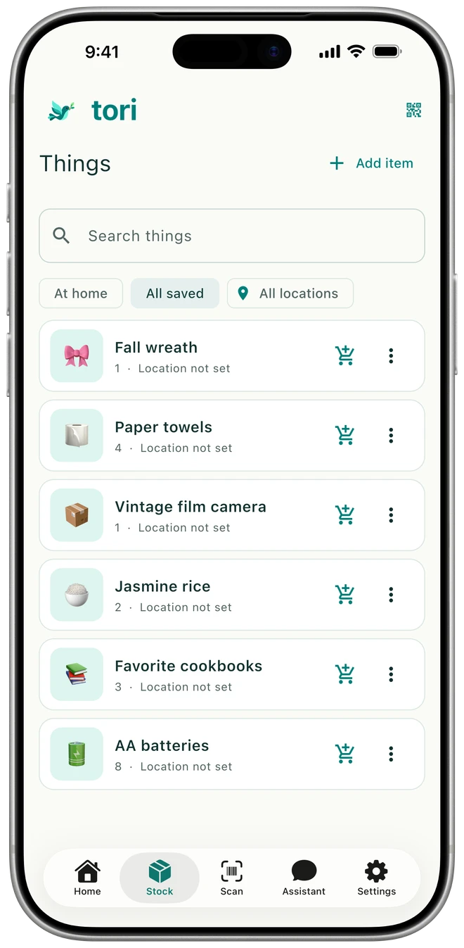 Tori inventory with seasonal decor, household supplies, a vintage camera, and groceries.